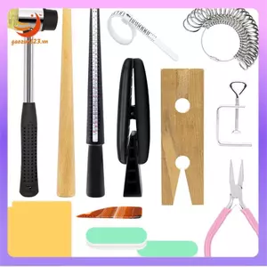 Bộ dụng cụ làm đồ trang sức 14 chiếc có kìm trang sức mũi phẳng, kẹp chốt băng ghế chữ V, búa vồ, thước đo