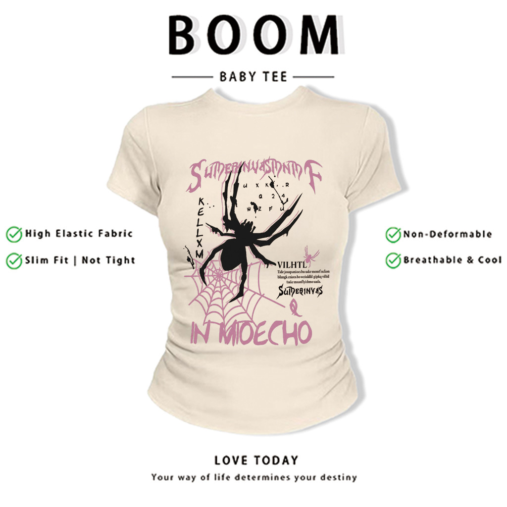 BOOM Áo Baby Tee Nữ Cotton Ôm Body-Áo Thun Ngắn Tay Y2K In Hình PhongCách Mùa Hè, Cổ Tròn Hàng Đầucách hàn quốc phongX27