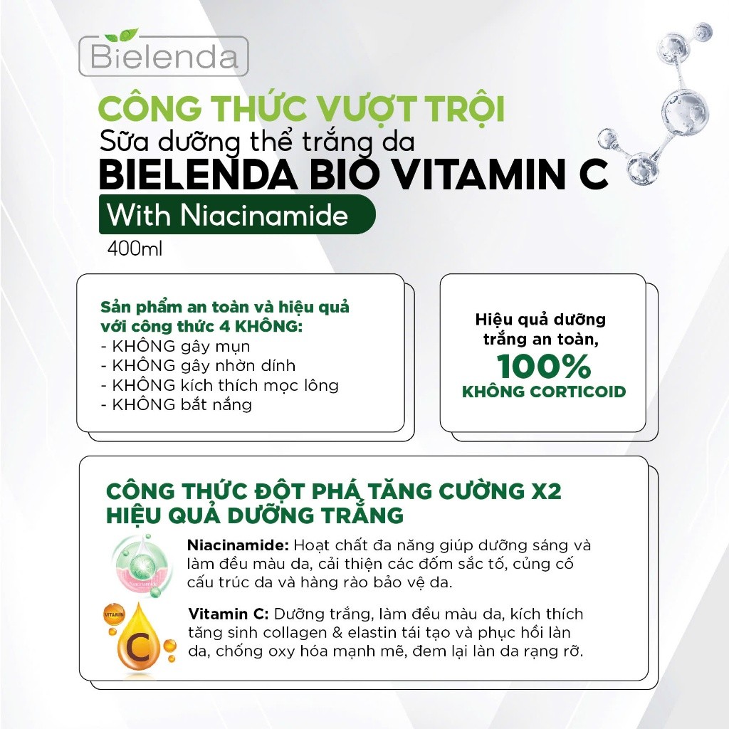 Sữa dưỡng thể Bielenda Bio Vitamin C dưỡng trắng, bảo vệ da toàn diện - 250ml/400ml