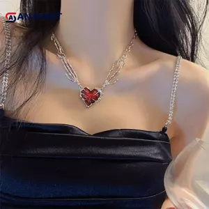 AN.MART Gothic Trái Tim Đỏ Không Đều Nelace Y2K Tình Yêu Bóng Tối Ma Móng Vuốt Dây Xích Nelaces Punk Grunge Thẩm Mỹ Egirl Nhánh Trái Tim Nelace VN