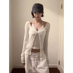 Pure Desire Style Hot Girl Ren Viền Cổ Chữ V Hoa Thiết Kế Dây Đeo Cổ Thắt Nút Phong Cách Mỏng Bộ Áo Hai Mảnh Trong Suốt