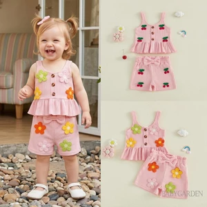 Bộ trang phục mùa hè cho bé gái 6M-4Y Bộ áo và quần short không tay xù anh đào