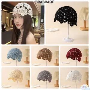 Mũ móc rỗng BRABRAA, Mũ beanie mỏng thoáng khí, Thời trang với kim cương giả Mũ rơm phẳng mùa xuân