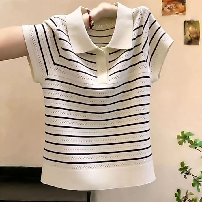 Áo thun ngắn tay cổ polo sọc băng lụa lạnh dành cho nữ mùa hè hở vai