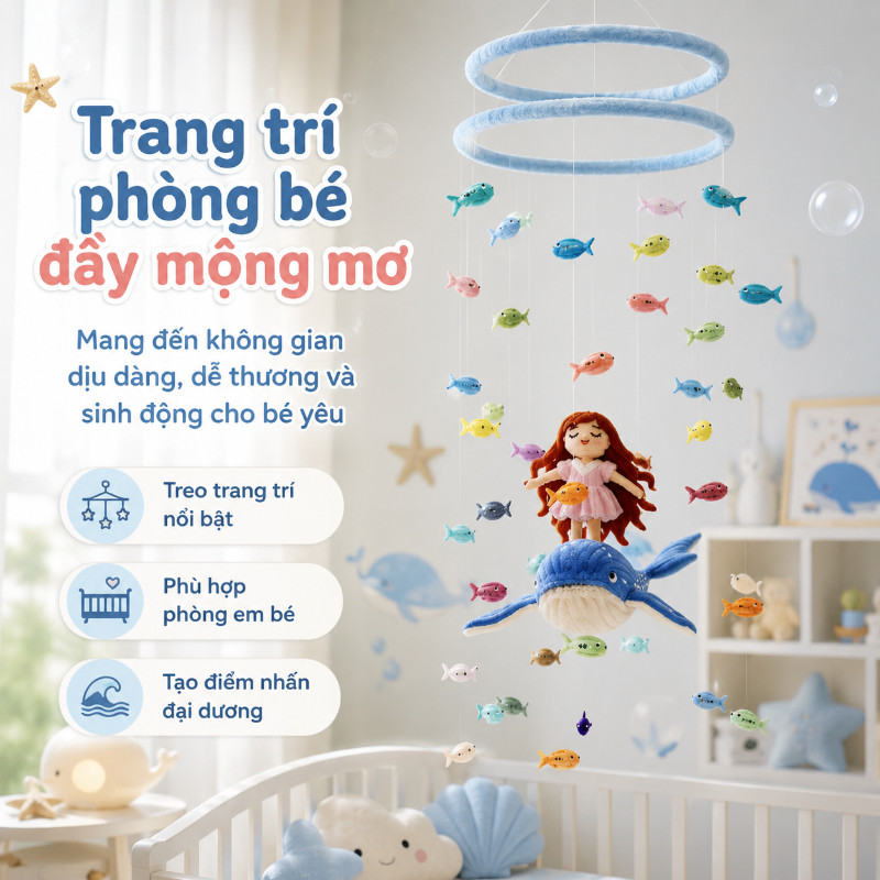 Bộ DIY chuông gió cá voi đại dương len bông treo cửa sổ decor phòng handmade kèm hướng dẫn