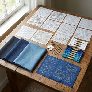 AWNGD 45 chiếc Sashiko Stencil Kit, Mẫu thêu Sashiko thủ công họa tiết hình học, Bộ dụng cụ may vá PET DIY Sashiko có thể tái sử dụng chất lượng cao