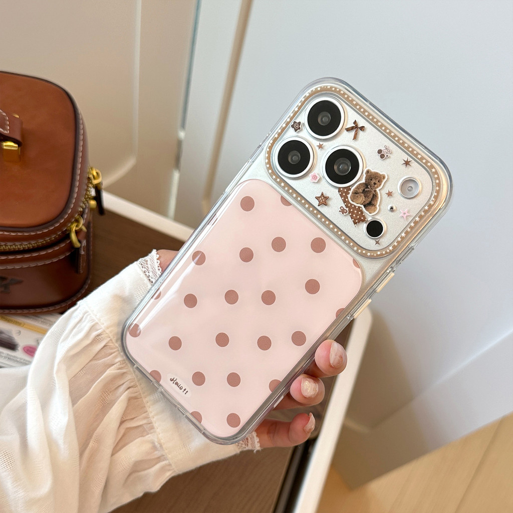 Ốp lưng iPhone chấm bi hình gấu nhỏ dễ thương phù hợp cho iPhone 17 Pro Max 16 15 14 13 12 11 Vỏ bảo vệ chống rơi LAHH