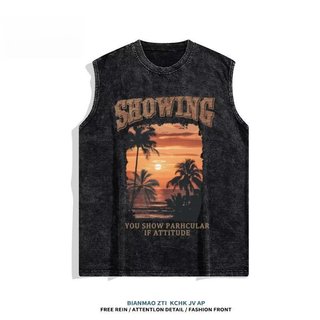 Áo thun Cotton không tay nam mùa hè hợp thời trang dáng rộng vừa vặn phong cách đi biển thông thường
