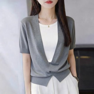F Giả Hai Mảnh Đơn Giản Đi Lại Dệt Kim Nữ Tay Ngắn Màu Xám Rời Cổ Chữ V Phong Cách Hàn Quốc T @