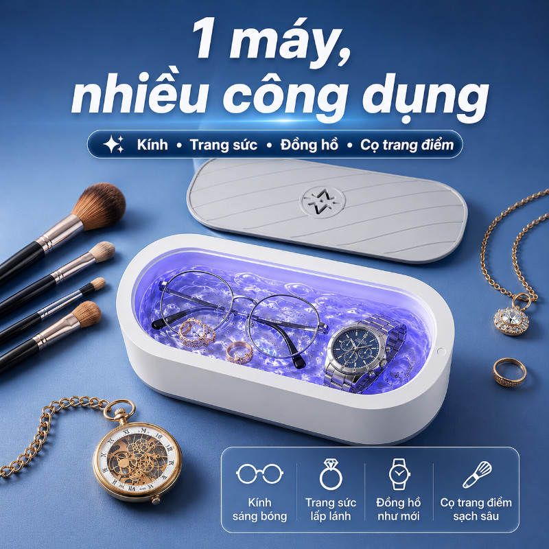 Máy Rửa Kính Siêu Âm Mini Đa Năng – Làm Sạch Kính Mắt, Trang Sức, Đồng Hồ, Khử Khuẩn Hiệu Quả Tần Số Cao