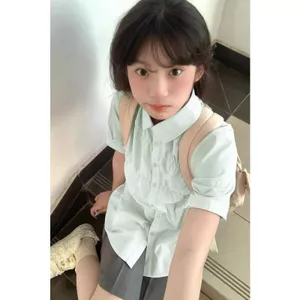 Áo sơ mi ngắn tay màu xanh bạc hà dành cho nữ Mùa hè Phong cách mới Áo sơ mi thiết kế Niche kiểu Pháp Áo tay phồng ngọt ngào