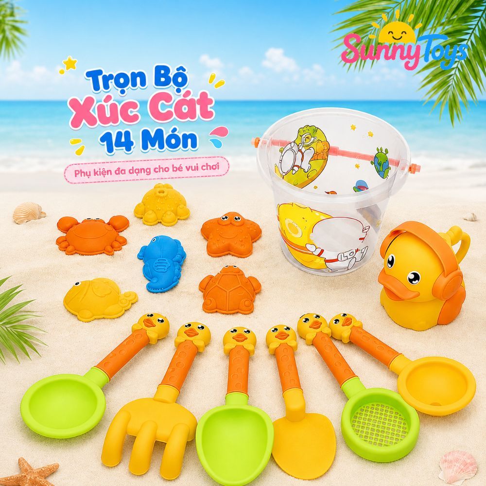 Bộ Đồ Chơi Cát Biển SunnyToys 14 Món - Xô Vịt Vàng, Xẻng Cát Và Bình Tưới Cho Bé