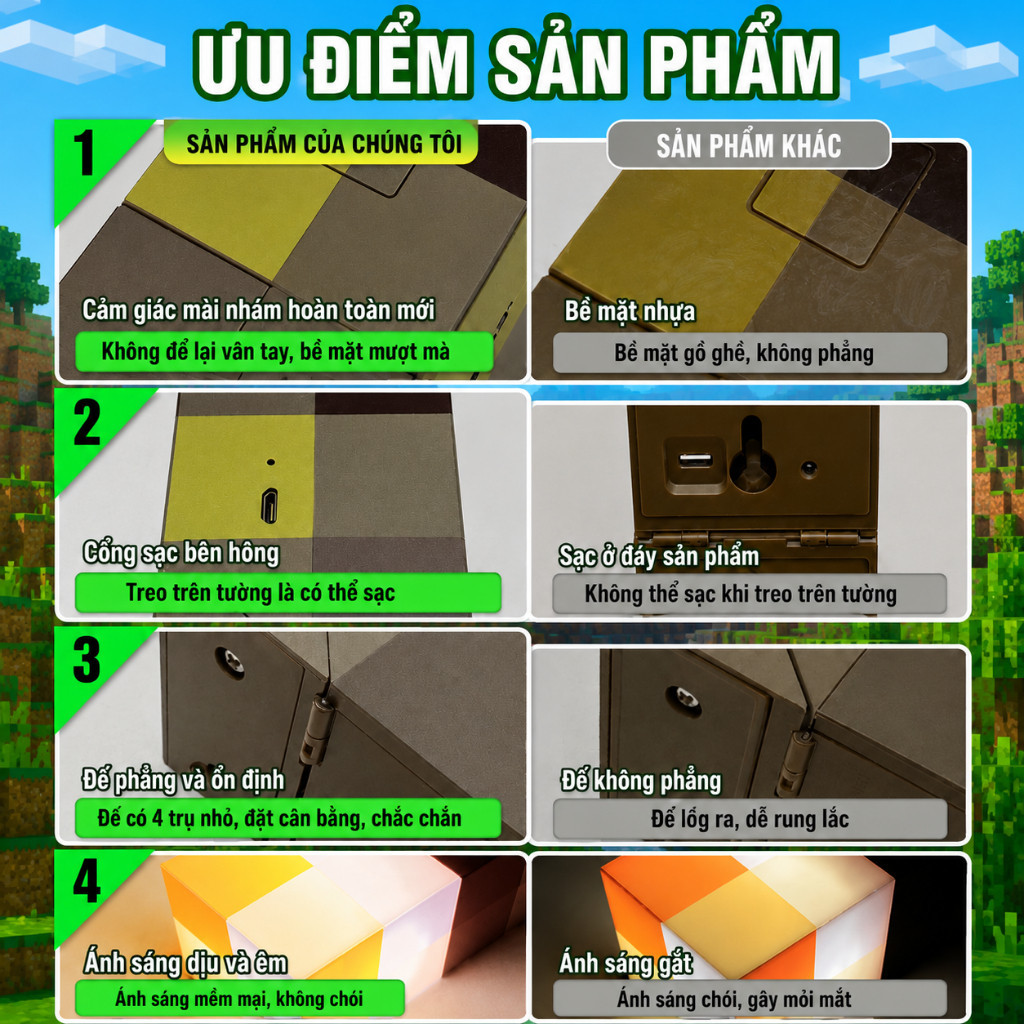Đèn ngủ nhỏ phong cách Minecraft – Đèn đuốc sạc pin, 4 màu tuỳ chỉnh, đèn treo tường trang trí phòng ngủ, pin siêu trâu