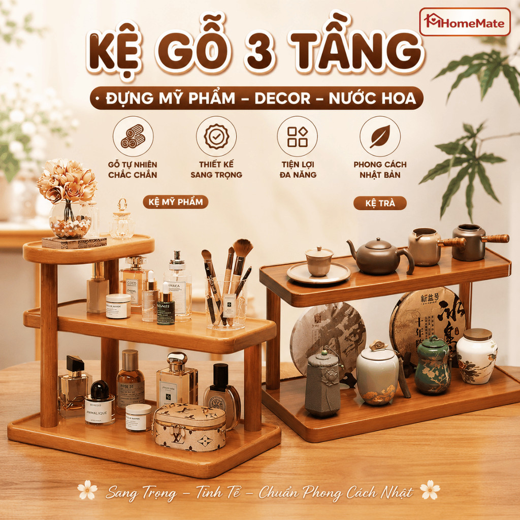 Kệ Gỗ 3 Tầng Đựng Mỹ Phẩm HomeMate, Kệ Decor Nhật Bản Trưng Bày Nước Hoa Phụ Kiện Sang Trọng