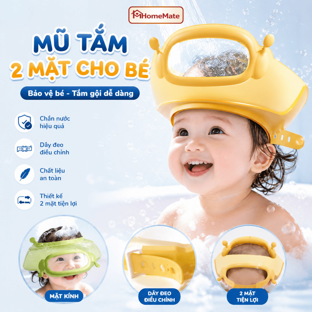 Mũ Gội Đầu Cho Bé HomeMate Chống Nước Vào Mắt Tai, Nón Tắm Silicon Điều Chỉnh 0-15 Tuổi Đeo 2 Mặt