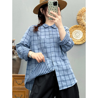 [Hàng có sẵn] Áo sơ mi nữ 100% Cotton chất lượng cao Kẻ sọc dài tay mềm mại thân thiện với da và thoáng khí Áo nhuộm hai mặt dáng rộng đa năng