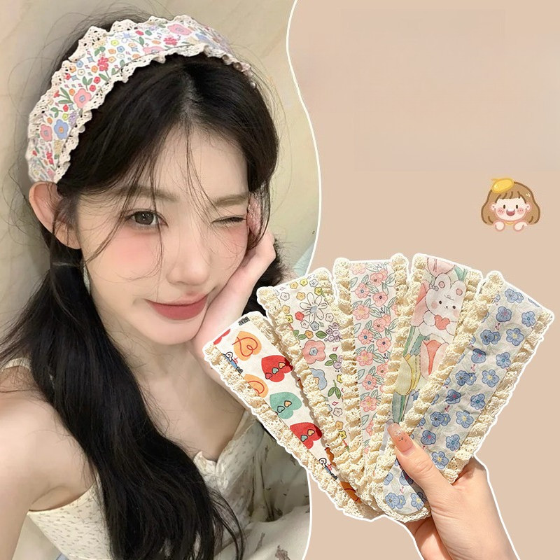 Băng đô Velcro hoa và hoạt hình nhiều mẫu tươi mát, Băng đô chống trượt viền ren để chăm sóc da mặt, trang điểm, Phụ kiện tóc thường ngày dành cho nữ
