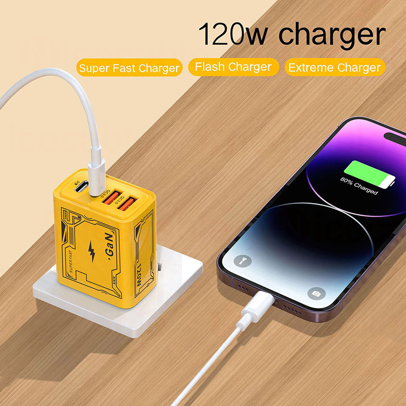 GaN 4-IN-1 2USB + Type C Cắm Sạc Điện Thoại 120W Sạc Siêu Nhanh Sạc Điện Thoại Di Động QC3.0 EU / US / UK Cắm Sạc Cho IOS Android