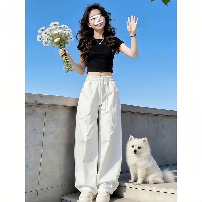 [Hàng mới về] Quần khô nhanh chống nắng màu trắng nhẹ mùa hè dành cho nữ Quần ống rộng mỏng che thịt thon gọn hơn Nhìn thể thao eo cao tổng thể