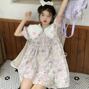 Kích thước lớn Giảm tuổi màu tương phản ngọt ngào Cổ búp bê tay phồng hoạt hình Váy hoa nữ