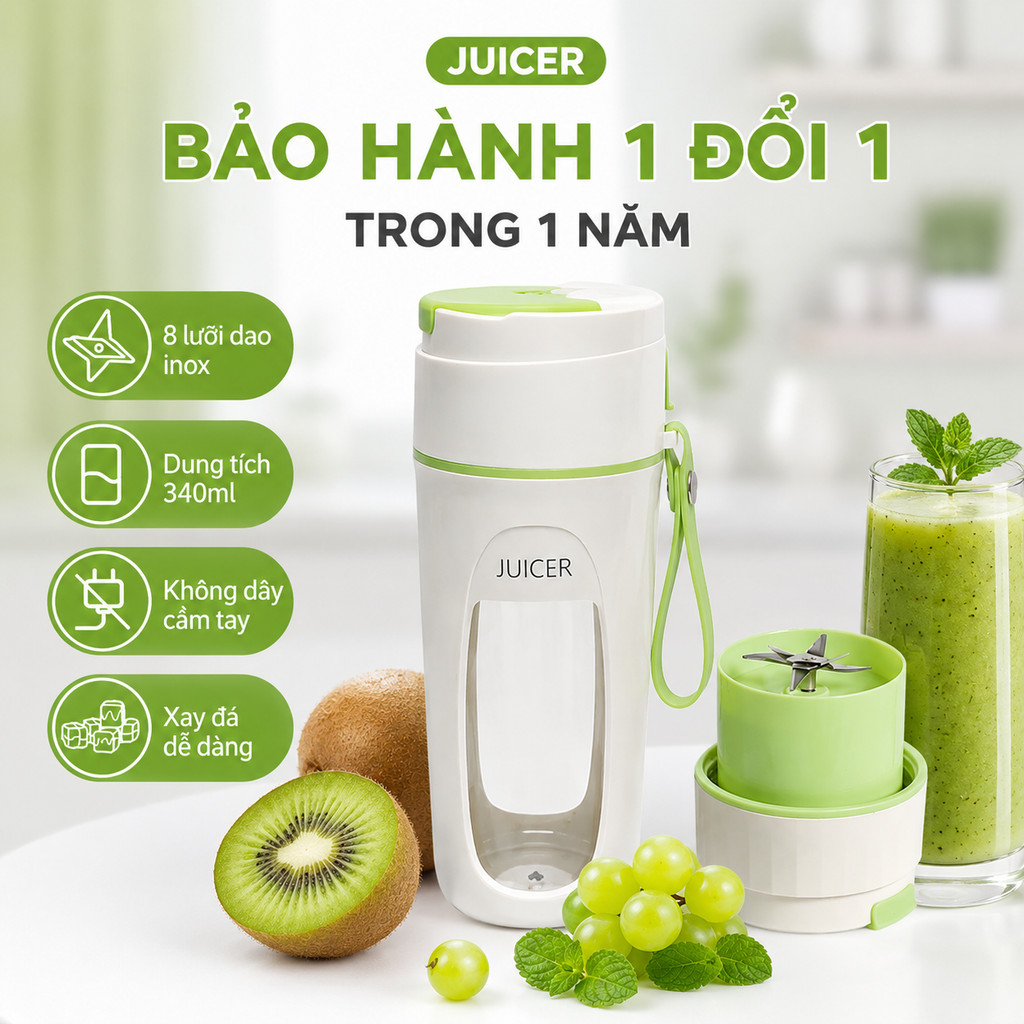 Máy Xay Sinh Tố Cầm Tay Mini Bruboses 340ml, 12 Lưỡi Dao, Pin 4000mAh, Sạc USB, Xay Đá Nhỏ