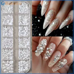 XOITU 12 ô đá đính móng nửa tròn đáy phẳng, ngọc trai & kim cương giả 3D, phụ kiện charm trang trí nghệ thuật móng VN