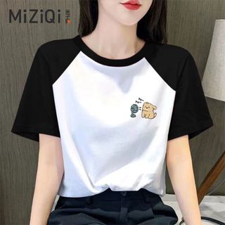 [MIZIQI] Áo thun ngắn tay Cotton nguyên chất dành cho nữ, cổ tròn in hình hoạt hình màu tương phản dáng rộng