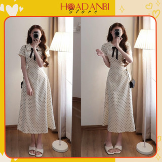 Váy maxi chấm bi cổ sen đính nơ họa tiết chiết eo nhẹ nhàng dáng xòe, váy đầm tiểu thư