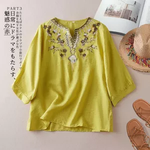 Văn Học Retro Vải Lanh Cotton Thêu Thường Ngày Rời Giữa Tay Ôm Hơn Nhìn Ngắn Tay Top Nữ Cổ Chữ V Cảm Thấy 5.26