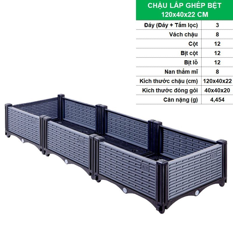 Chậu Lắp Ghép Tháp Xanh CLG-40 Bệt [120 x 40 x 22] Chậu Lắp Ráp Trồng Hoa, Chậu Thông Minh, Nhựa Nguyên Sinh PP