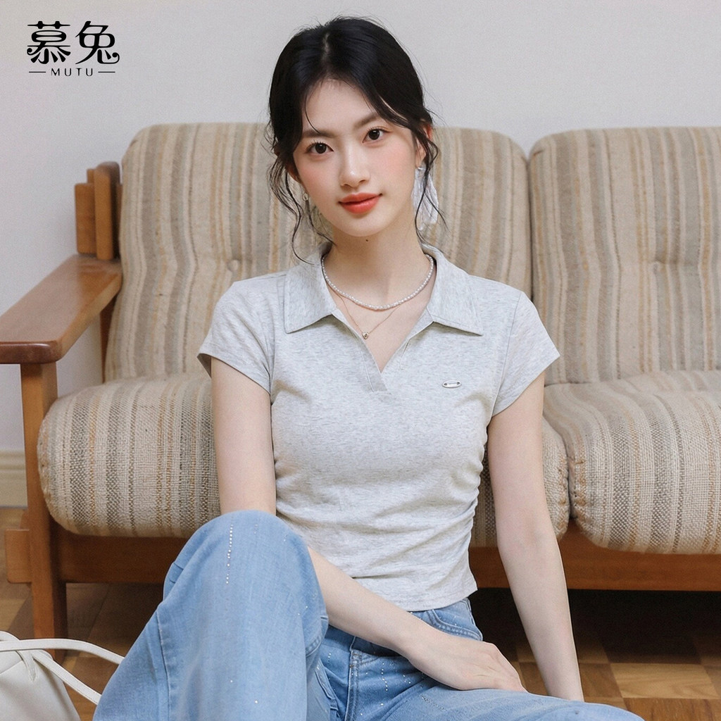 Mutu Phong Cách Hàn Quốc Màu Xám polo Cổ Áo Thun Tay Ngắn Phong Cách Mới Nữ Nhỏ Slim-Fit Ôm Hơn Nhìn Ngắn Top TU344