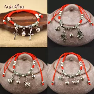 AqToCna Đơn Giản Bạc Retro Phong Cách Dân Tộc Vòng Chân Nữ Đính Hạt Dây Đỏ Mắt Cá Chân Bé Gái Phụ Kiện AqToCna