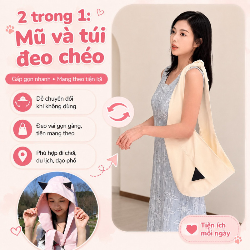 Mũ Chống Nắng Tai Mèo Dễ Thương – Nón Trùm Đầu Chống UV, Form Rộng, Che Cổ, Phong Cách Hàn Quốc, Gấp Gọn