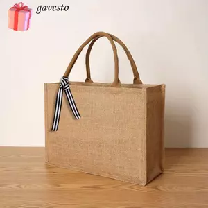 Túi Tote vải lanh GAVESTO, Túi vải lanh nữ dung tích lớn nơ ruy băng, Túi đeo vai thân thiện với môi trường đa năng đay Vintage dành cho nữ và bé gái