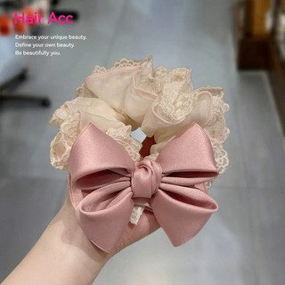 Dây cột tóc nơ hồng ren scrunchies nữ, phụ kiện buộc tóc đuôi ngựa, búi tóc cao cấp, sang trọng