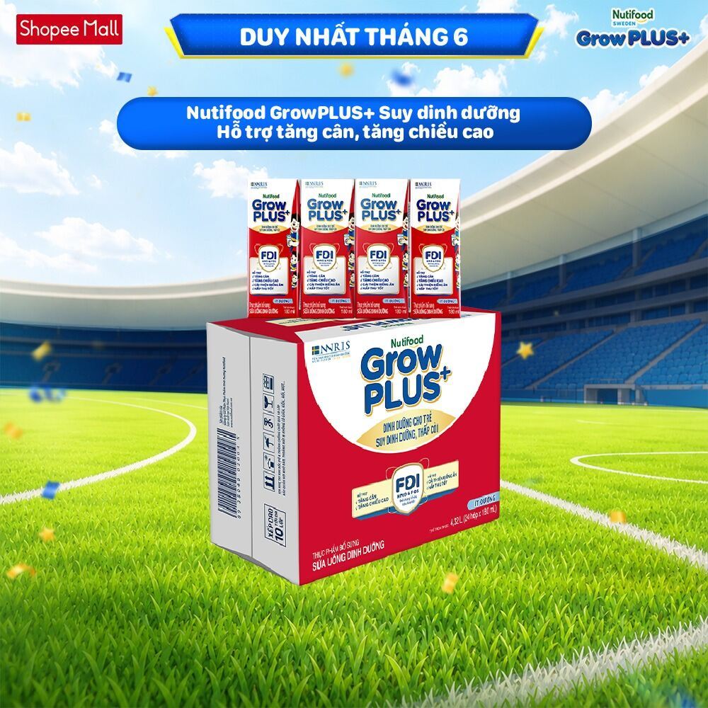 Thùng 24 hộp SBPS Nutifood GrowPLUS+ Suy Dinh Dưỡng (Đỏ) Ít đường 180ml - Tăng Cân, Tăng Chiều Cao (Bao bì tùy lô hàng)