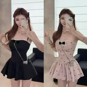 miuli miu Van thịnh vượng mùa hè hợp thời trang Con gái nơ chấm bi in hình Đầm có quần Bud
