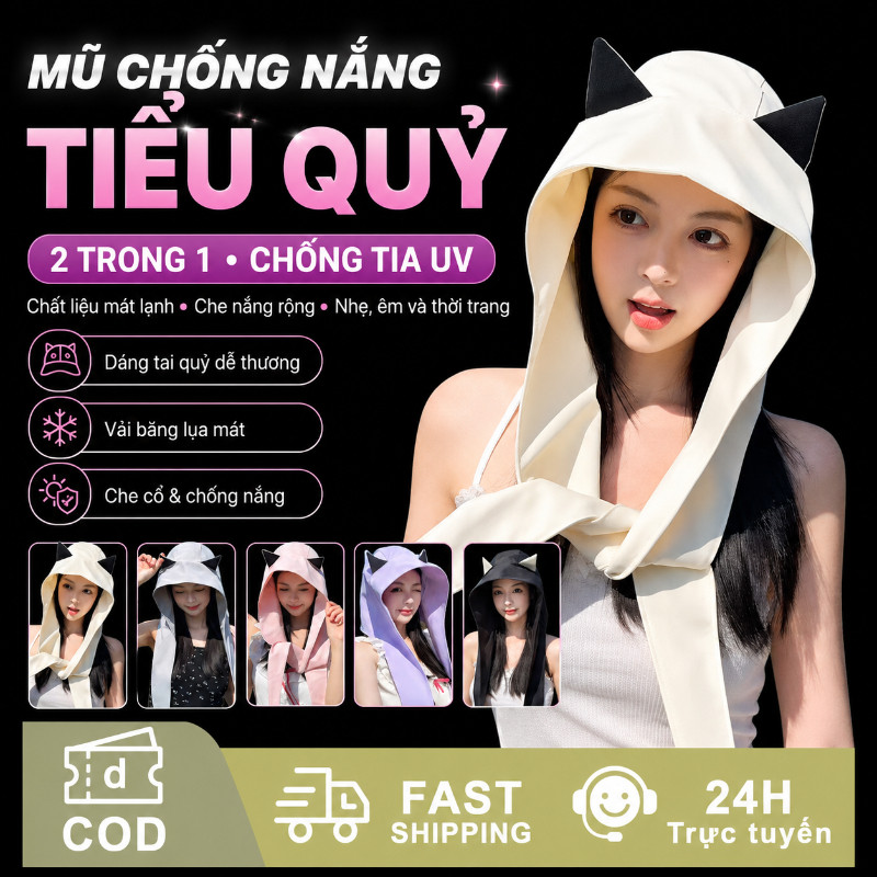 Mũ Chống Nắng Nữ Tai Mèo, Mũ Trùm Đầu Chống Nắng Che Cổ Chống UV, Form Rộng Dễ Thương