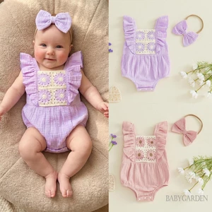 Bé Gái Mùa Hè Ngọt Ngào Áo Liền Quần Bay Tay Móc Hoa Body Có Nơ Băng Đô