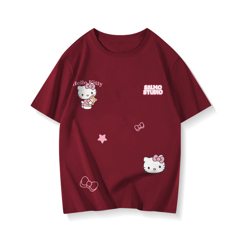 （Giao hàng 24h）Angela Áo thun tết nữ Đỏ mận form rộng cổ tròn Hello Kitty in hình cute local brand