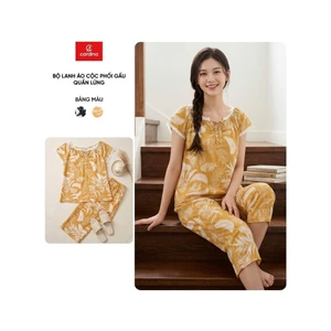 Bộ đồ mặc nhà nữ CARDINA chất liệu lanh áo cộc phối gấu và quần lửng 6BLL05