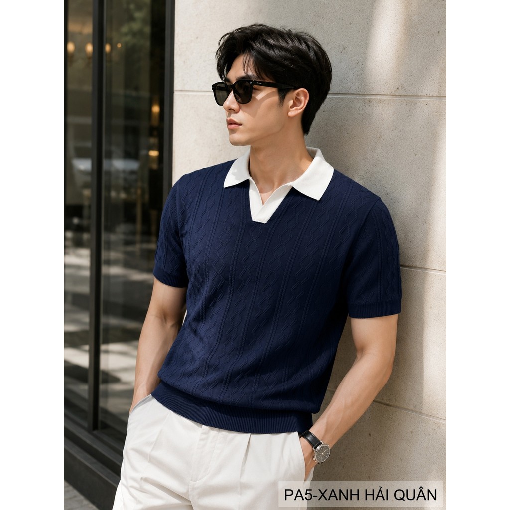PA5 - Áo Polo Nam Mùa Hè Chất Jacquard Co Giãn, Cổ V Phối Màu Thời Trang, Dáng Ôm Thoáng Khí