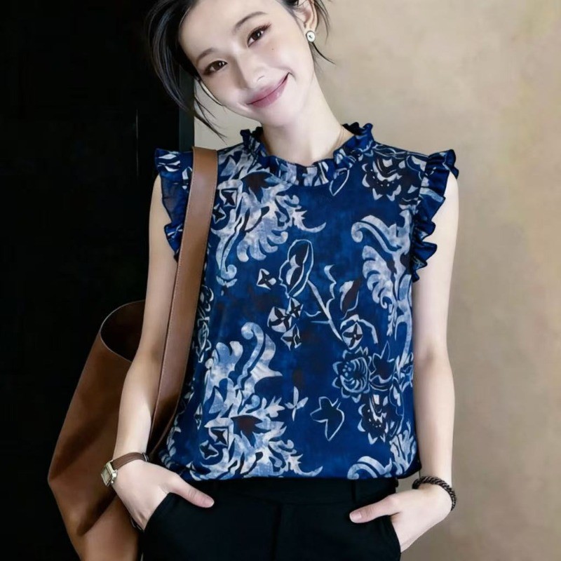 Áo sơ mi không tay cổ ren hoa dành cho nữ, áo sơ mi búp bê phong cách mới mùa hè, áo vest, áo ngắn dành cho nữ