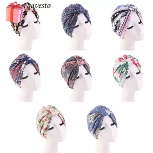 GAVESTO Mũ Turban Nút thắt xếp li Cotton in hoa Bonnet mềm