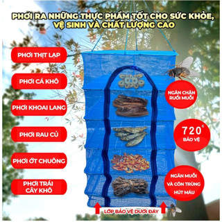 Lồng Lưới Phơi Khô Thực Phẩm - Lưới Phơi Cá Khô Chống Côn Trùng, Treo 4 Tầng, Gấp Gọn