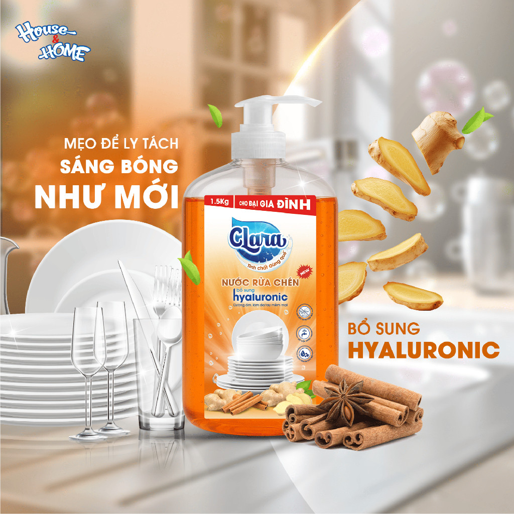 Nước Rửa Chén Clara Tinh Chất Gừng Quế 1,5kg NRCQG04, Nước Rửa Bát Hương Thơm Lành Tính Đánh Bay Dầu Mỡ Hàng Chính Hãng