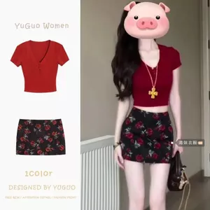 Cổ Chữ V Tay Ngắn Nút Top Nữ Phù Hợp Với Tính Khí Cao Cấp Váy hông Hoa