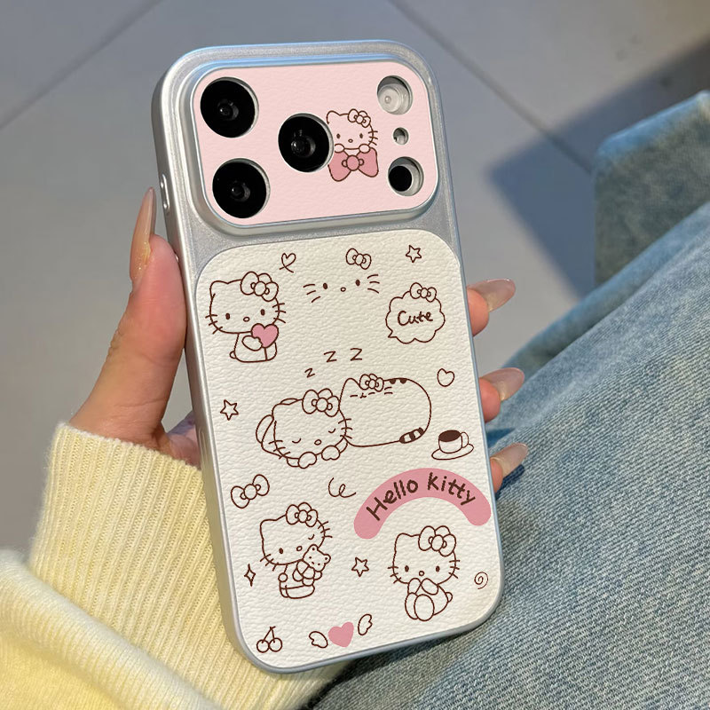 Ốp lưng iPhone họa tiết da mạ họa tiết mèo Kitty iPhone 17 16 15 14 13 12 11 Pro Max Plus Max