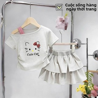 Set mùa hè cho bé gái – Áo lệch vai + váy tầng xòe, phong cách đáng yêu, năng động mùa hè