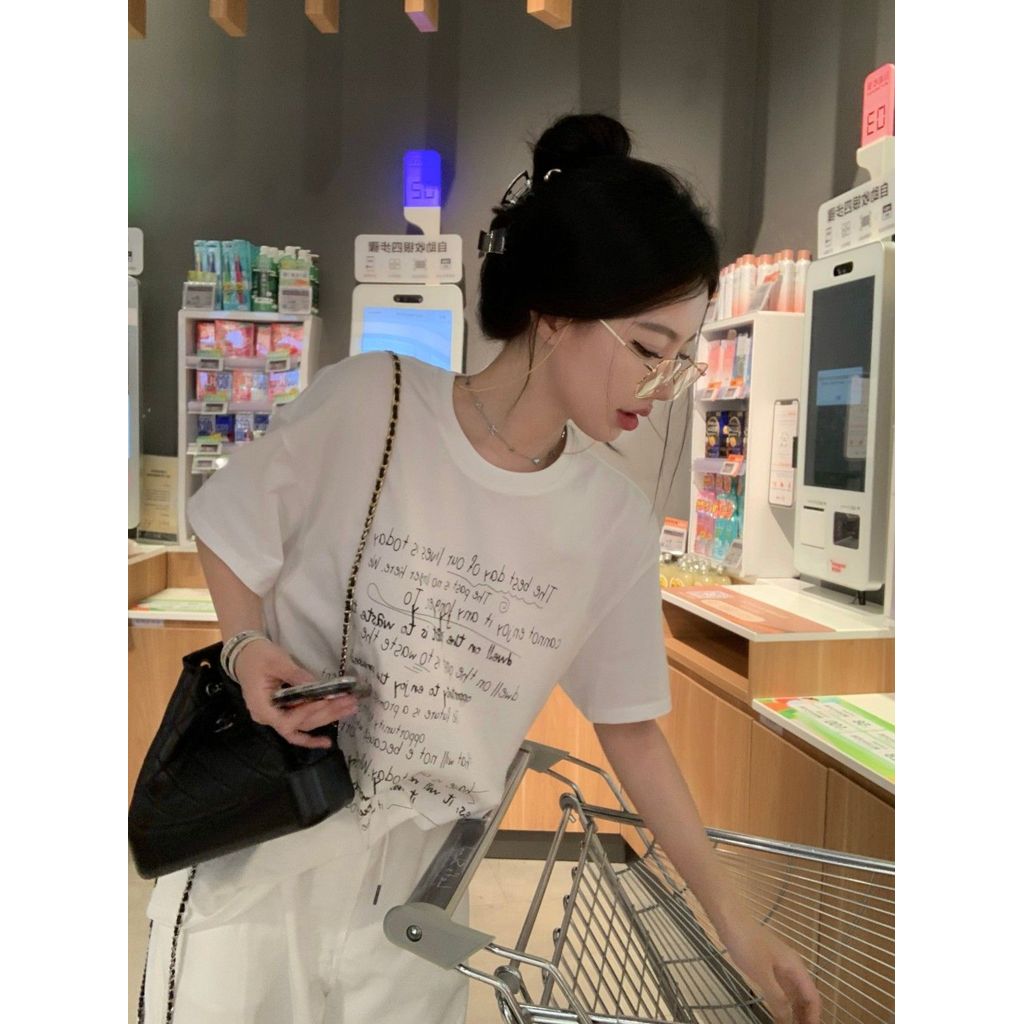 Milyfashion Cotton Nguyên Chất Thắt Lưng In Chữ Ngắn Tay Áo Thun Nữ Mùa Hè Thiết Kế Cẩn Thận Rời Thường Ngày Nửa Tay Top